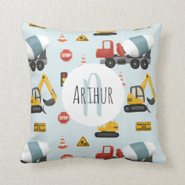 Boys Cute Blue Construction Transport & Namn Kids Kudde