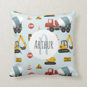 Boys Cute Blue Construction Transport & Namn Kids Kudde