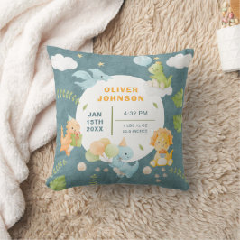 Boys Cute Blue Dinosaur Birth Stats Baby Nursery Kudde