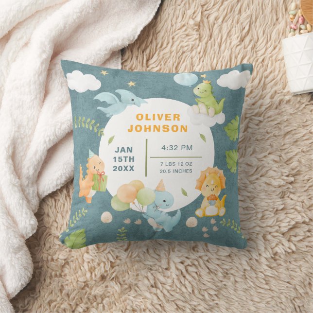 Boys Cute Blue Dinosaur Birth Stats Baby Nursery Kudde (Filt)