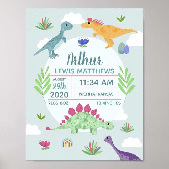 Boys Cute Blue Dinosaur Birth Stats Baby Nursery Poster (Framsidan)