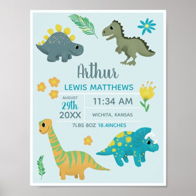 Boys Cute Blue Dinosaur Birth Stats Baby Nursery Poster (Framsidan)