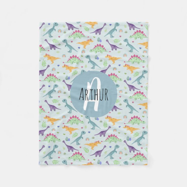 Boys Cute Blue Dinosaur Mönster & Namn Kids Fleecefilt (Framsidan)