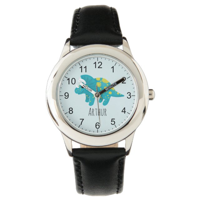 Boys Cute Blue Dinosaur Tecknad & Namn Kids Armbandsur (Framsida)