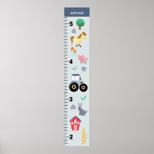 Boys Cute Blue Farm Tractor Growth Chart Poster