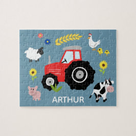 Boys Cute Blue Farm Tractor och Namn Kids Pussel