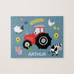 Boys Cute Blue Farm Tractor och Namn Kids Pussel