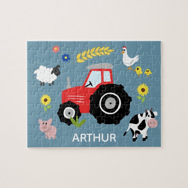 Boys Cute Blue Farm Tractor och Namn Kids Pussel (Horisontell)