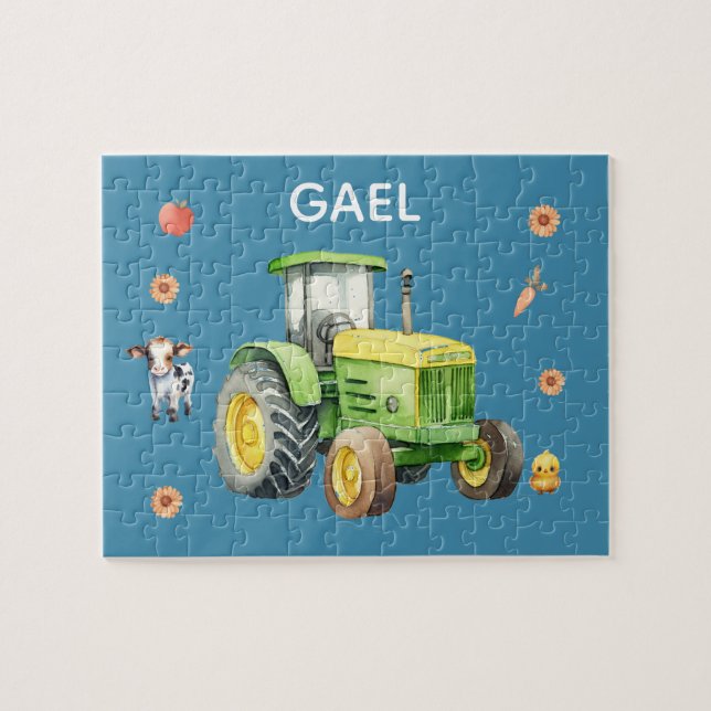 Boys Cute Blue Farm Tractor och Namn Kids Pussel (Horisontell)
