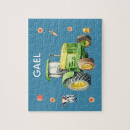 Boys Cute Blue Farm Tractor och Namn Kids Pussel