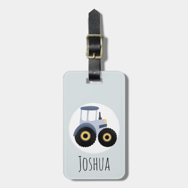 Boys Cute Blue Farm Tractor Tecknad och Namn Kids Bagagebricka (Vertikal Framsida)