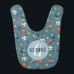 Boys Cute Blue Football Soccer Tennis Sport Hakklapp<br><div class="desc">Den här söta blåbabybibben har en idrottslig tecknad mönster,  med fotboll,  fotboll,  tennisracket och boll,  trofi,  basket och stjärnor. Tunna kan vara personlig med dina pojkar namn och monogram. Den perfekt idrotten var ett tema för baby,  småbarn eller barn,  den perfekt babyduschpresenten!</div>