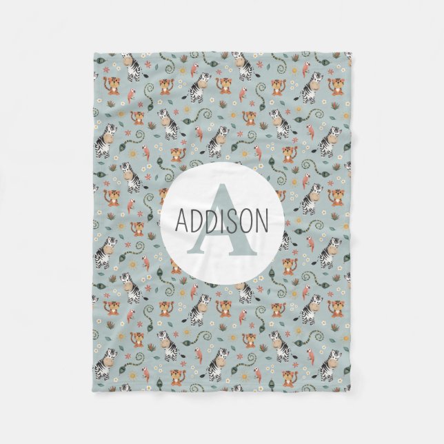 Boys Cute Blue Jungle Monogram Kids Fleecefilt (Framsidan)