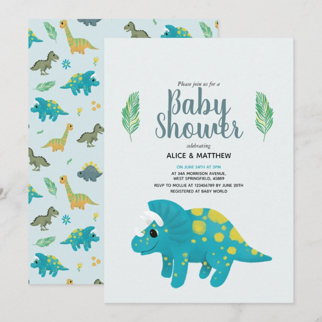 Boys Cute Blue Jungle T-Rex Dinosaur Baby Shower Inbjudningar (Fram/baksida)