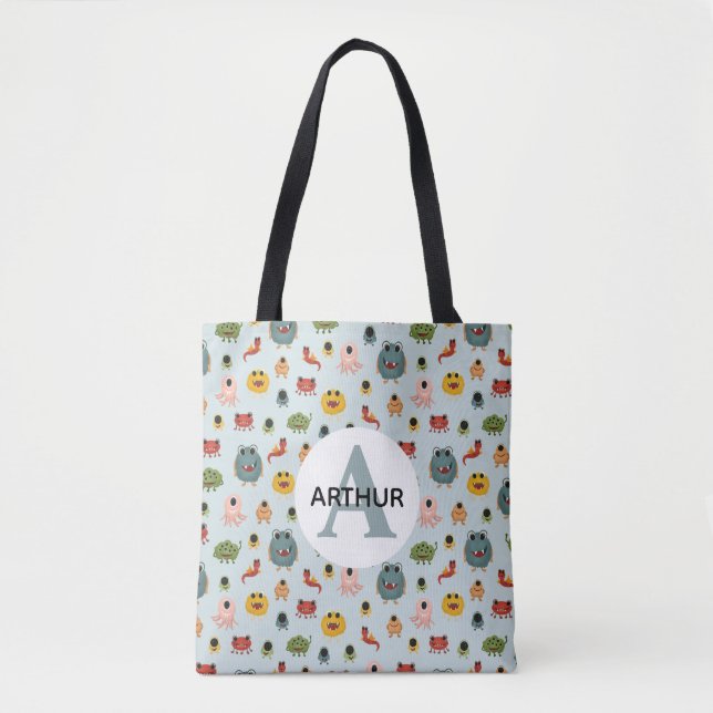 Boys Cute Blue Monster Alien Mönster Monogram Kids Tygkasse (Framsida)