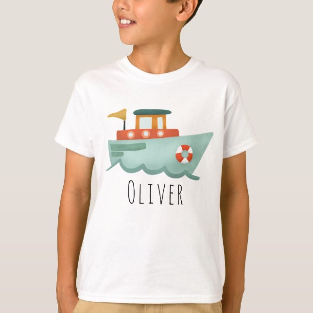 Boys Cute Blue Nautical Boat Kids T Shirt (Framsida)