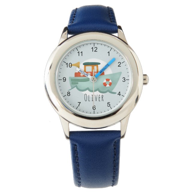 Boys Cute Blue Nautical Ocean Boat Kids Armbandsur (Framsida)