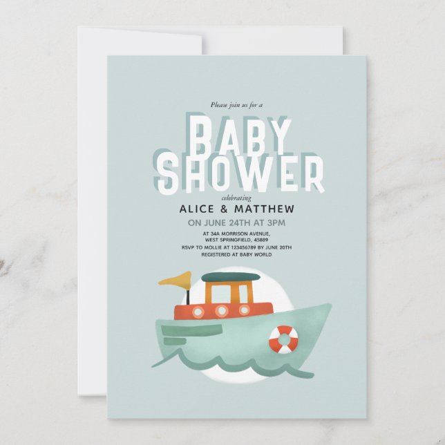 Boys Cute Blue Ocean Boat Baby Shower Inbjudningar (Framsida)