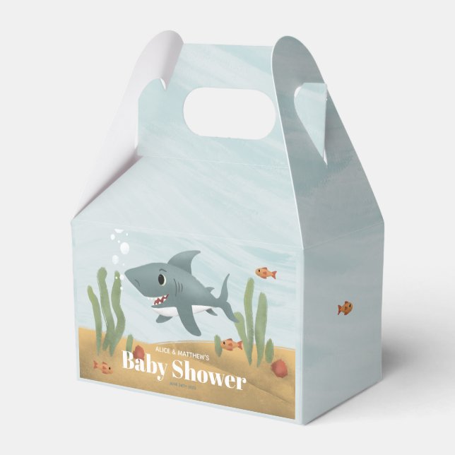 Boys Cute Blue Ocean Shark Fish Shower Baby Shower Presentaskar (Framsidan Sidan)