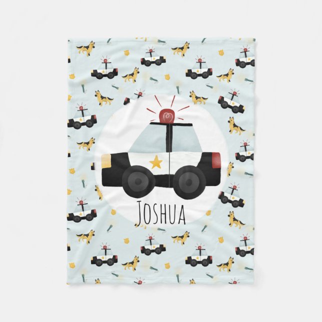 Boys Cute Blue Police Car Mönster med Namn Kids Fleecefilt (Framsidan)