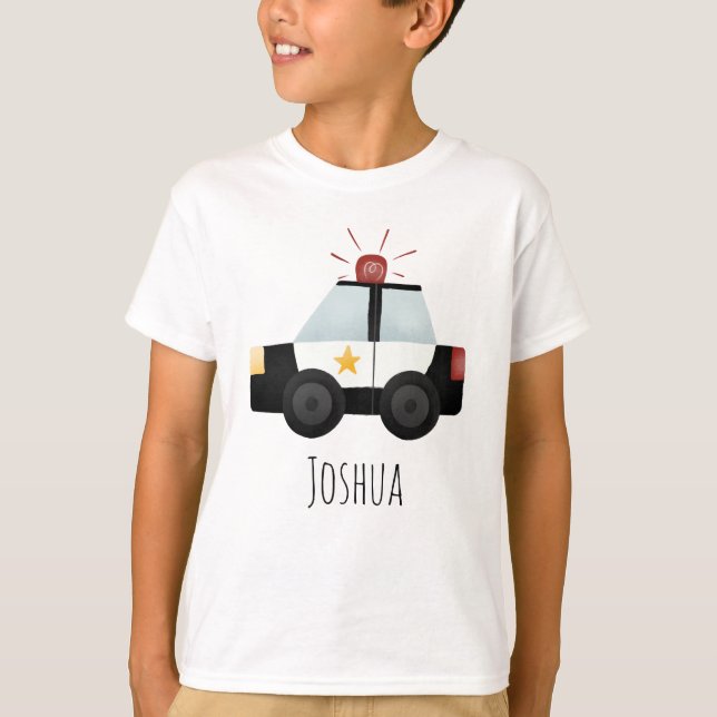 Boys Cute Blue Police Officer Badge and Car T Shirt (Framsida)
