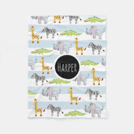 Boys Cute Blue Safari Animals med barn från Namn Fleecefilt