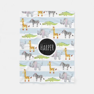 Boys Cute Blue Safari Animals med barn från Namn Fleecefilt