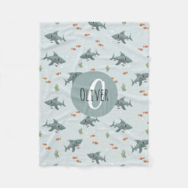 Boys Cute Blue Shark Mönster Monogram Kids Fleecefilt