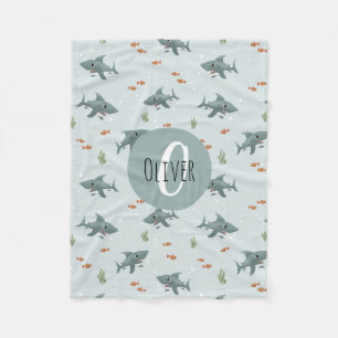 Boys Cute Blue Shark Mönster Monogram Kids Fleecefilt