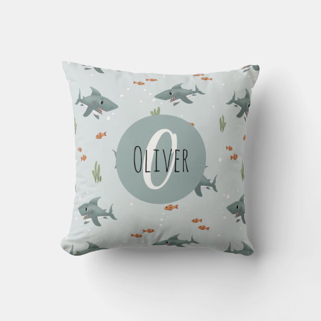 Boys Cute Blue Shark Mönster Monogram Kids Kudde (Framsida)