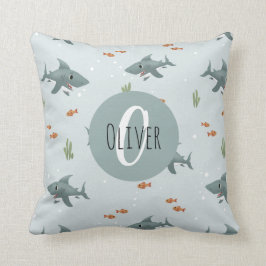 Boys Cute Blue Shark Mönster Monogram Kids Kudde
