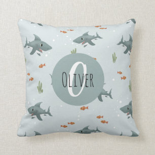 Boys Cute Blue Shark Mönster Monogram Kids Kudde