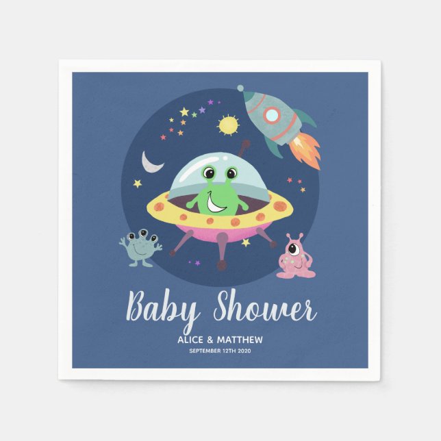 Boys Cute Blue Space Alien Baby Shower Napkins Pappersservett (Framsidan)