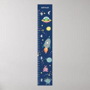 Boys Cute Blue Space Alien & Namn Growth Chart Poster
