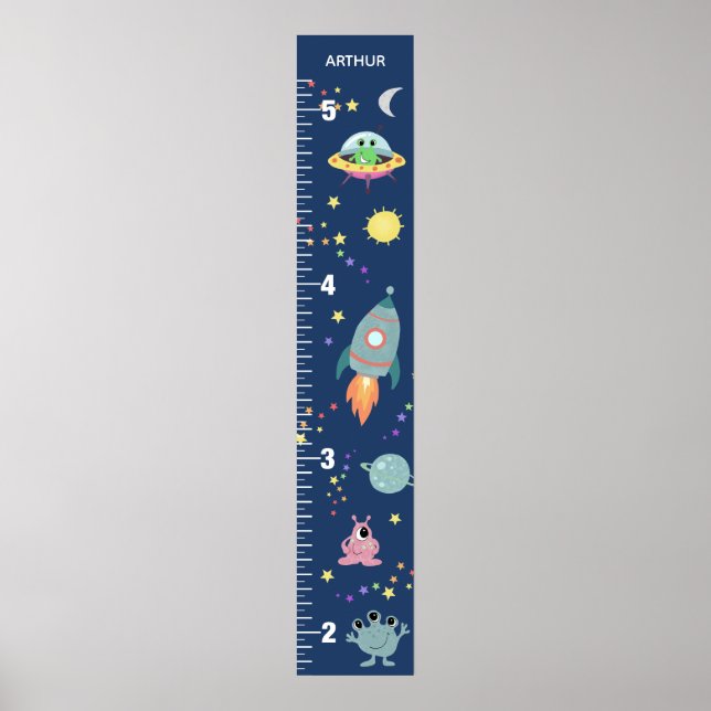 Boys Cute Blue Space Alien & Namn Growth Chart Poster (Framsidan)