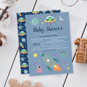 Boys Cute Blue Space Alien Rocket Baby Shower Inbjudningar