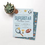 Boys Cute Blue Sports Superstar Kids 2:a födelseda Inbjudningar<br><div class="desc">Den här söta och moderna pojkens andra födelsedag-design har en blå superstjärnig tecknad med basket, fotboll, fotboll, fotboll, tennisracket, trofi och stjärnor. Inbjudan kan vara personlig med ditt barns namn och andra detaljer som behövs för ditt party och kan även redigeras för andra åldrar. Perfekten sporrar till tillägg till ditt...</div>