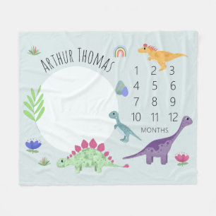 Boys Cute Blue T-Rex Dinosaur Namn Milestone Baby Fleecefilt
