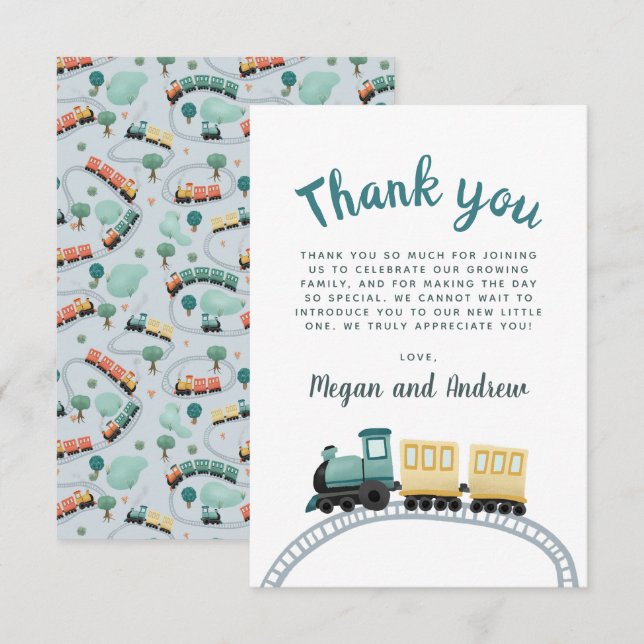 Boys Cute Blue Tåg Tack Baby Shower Kort (Fram/baksida)