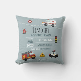 Boys Cute Blue Transport Birts & Namn Kudde