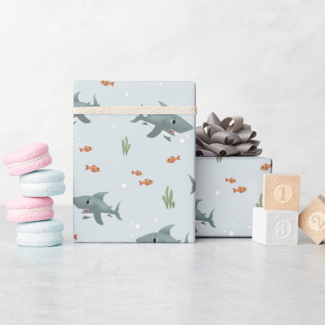 Boys Cute Blue under Sea Shark Barns födelsedag Presentpapper (Baby Shower)