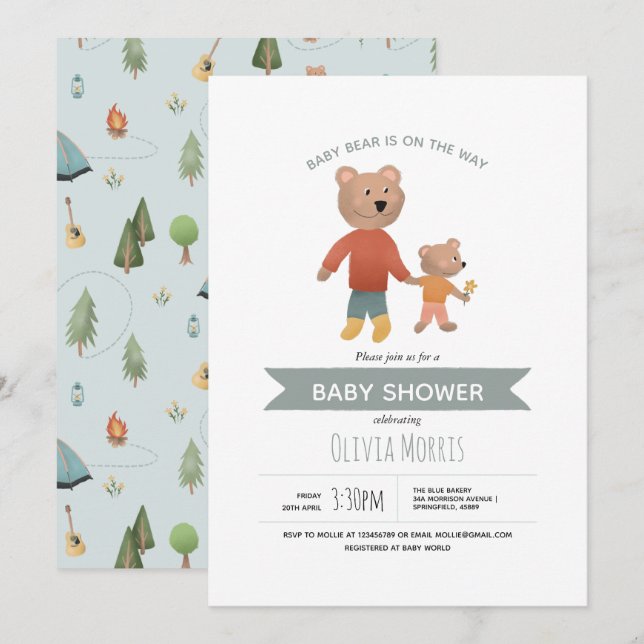 Boys Cute Blue Woodland Forest Bear Baby Shower Inbjudningar (Fram/baksida)