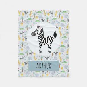 Boys Cute Blue Zebra och Safari Mönster Namn Kids Fleecefilt