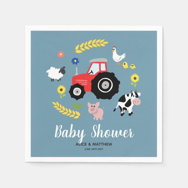 Boys Cute Boskap Tractor Tecknad Baby Shower Pappersservett (Framsidan)
