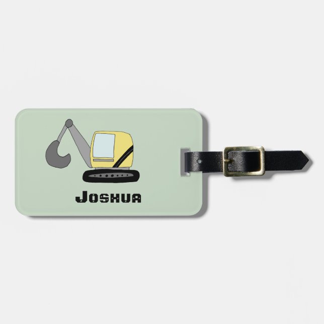 Boys Cute Digger Excavator Doodle och Namn Bagagebricka (Horisontell Framsida)