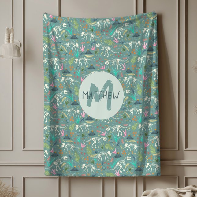 Boys Cute Dinosaur Fossil Mönster Monogram Kids Fleecefilt (Skapare uppladdad)
