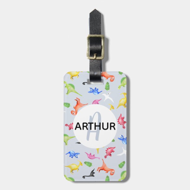 Boys Cute Dinosaur Mönster Monogram Namn Kids Bagagebricka (Vertikal Framsida)