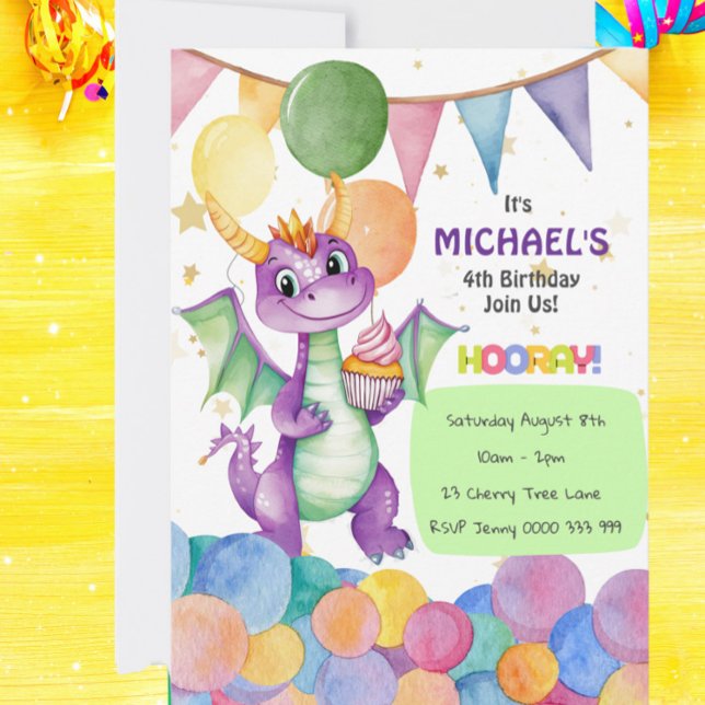 Boys Cute Dragon Barns födelsedag-inbjudan Inbjudningar (Cute Watercolor Dragon Birthday Invitation | Personalized Kids Party)