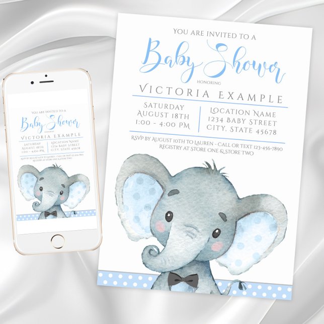Boys Cute Elephant Baby Shower-inbjudningar Inbjudningar (Cute boy elephant baby shower invitation. Instant download and printed invitations available.)