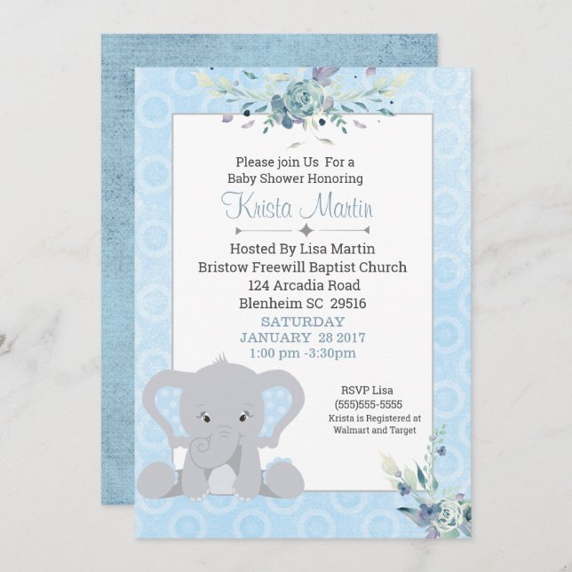 Boys Cute Elephant Blommigt Baby Shower Inbjudningar (Fram/baksida)